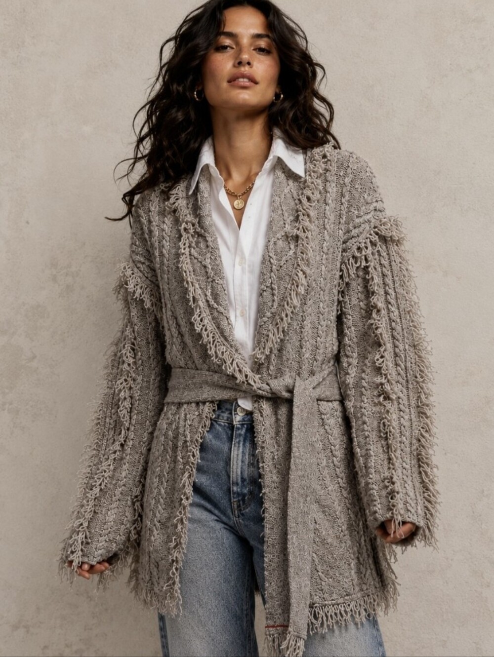 Greyson Fringe Belted Cardigan Sweater 100% Lambswool Grey Open Women's Size M